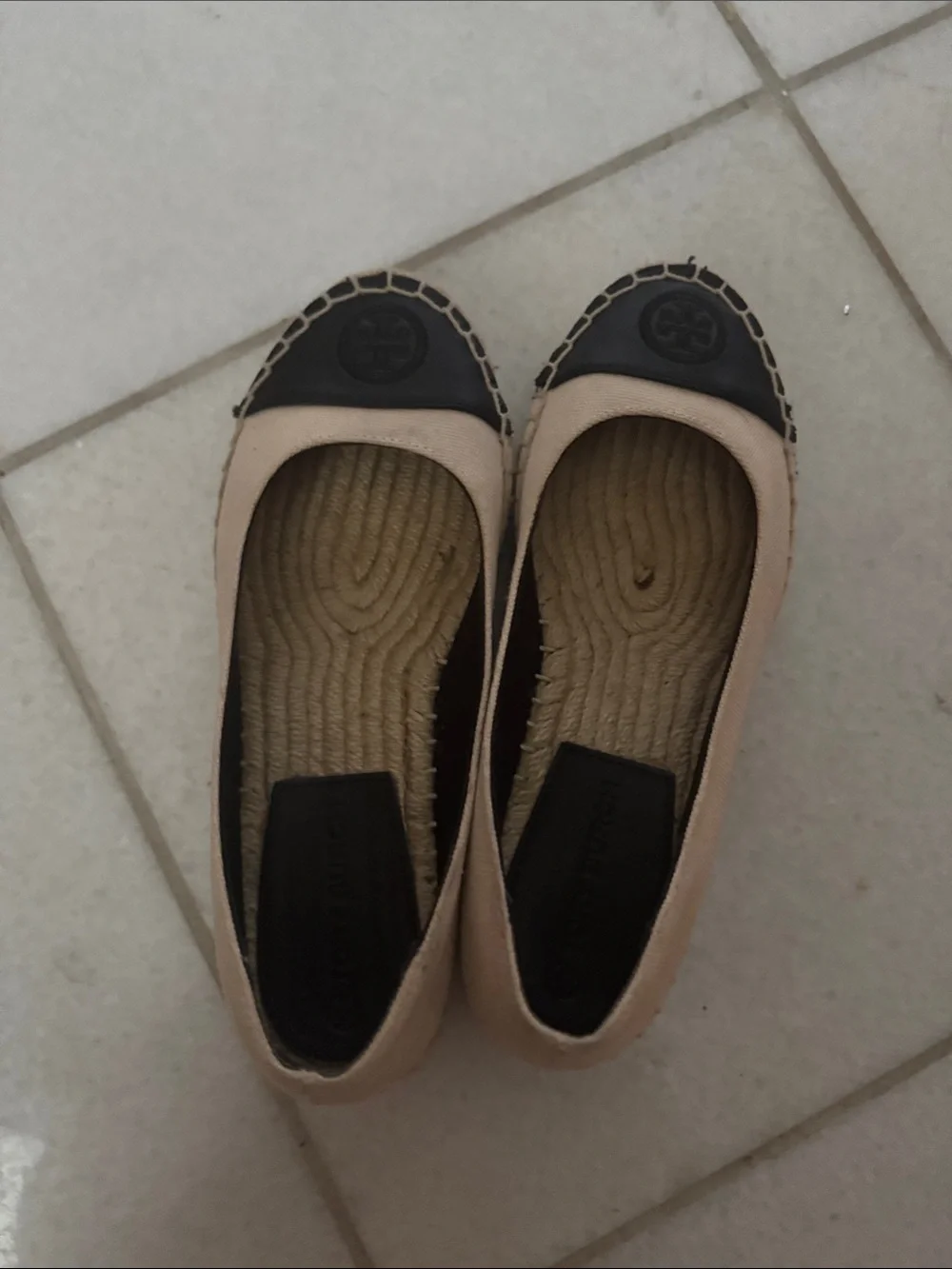 Tory Burch Beige Espadrille Flats with Black Cap Toe